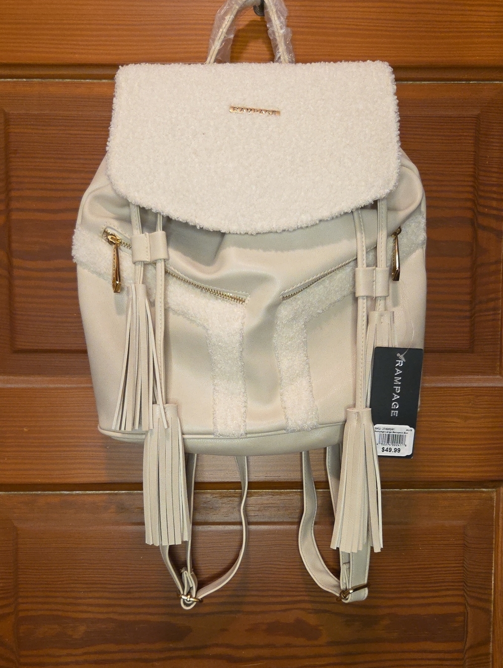 Rampage Cream Faux-Leather Sherpa Flap Backpack with Tassels